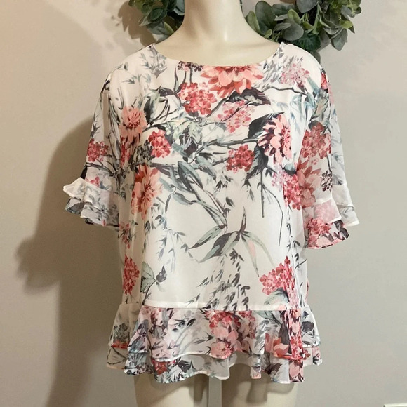 Adrienne Vittadini Floral Short Sleeve Blouse M - Picture 1 of 15